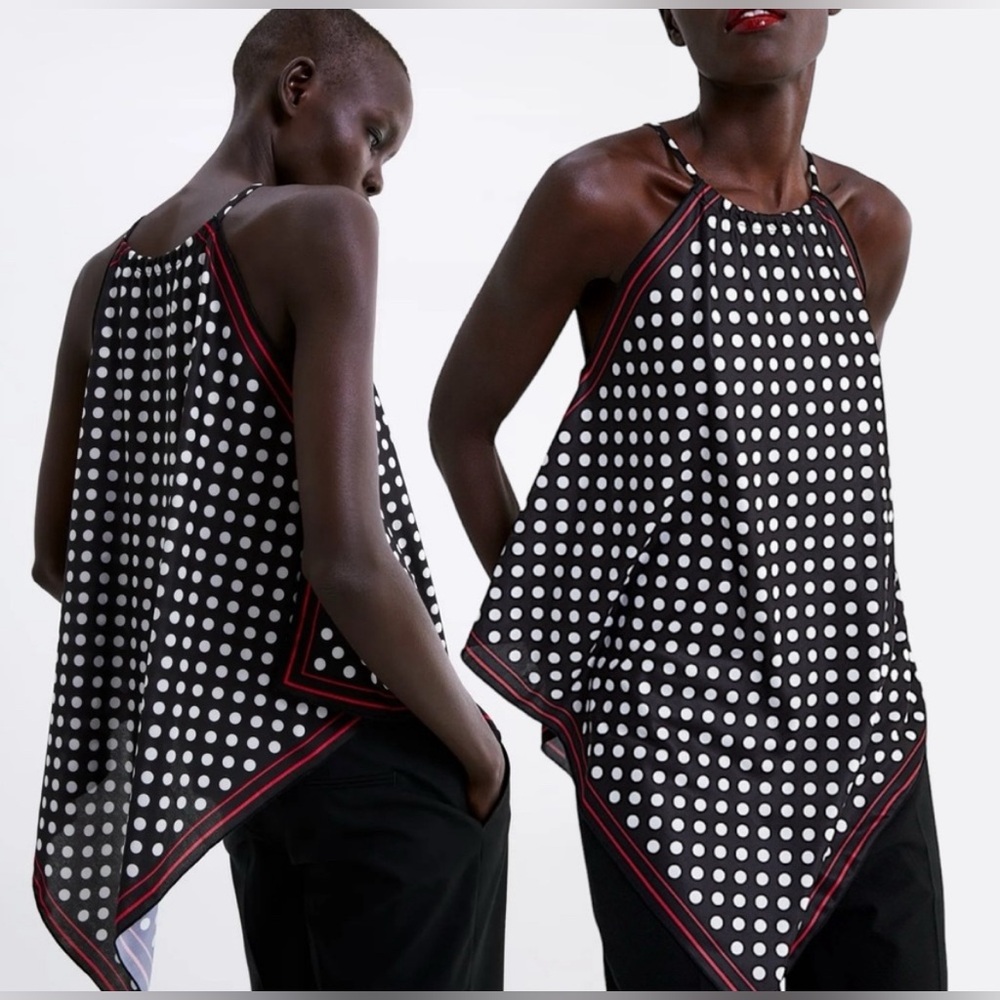 Zara Scarf Polka Dot Flowy Sleeveless Top Large Black Red White Asymmetrical